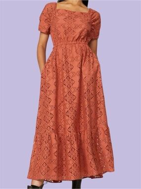 Pamela Love Terracotta Lace Eyelet Square Neck Midi Dress